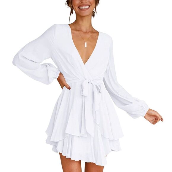 Women Casual Dress Flowy Bohemian Tshirt Wrap Dress Tie Waist Shift Mini Dress T - Picture 4 of 17